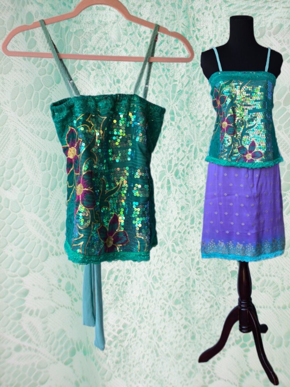 Handmade Sparkly Sequin Green Top Mermaidcore Embroidered Flowers XSmall Summer
